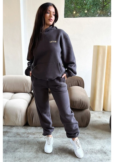 Fetch Eşofman Takımı Sweatshirt Jogger - Füme Baskılı Oversize Şardonlu Kapüşonlu Gri