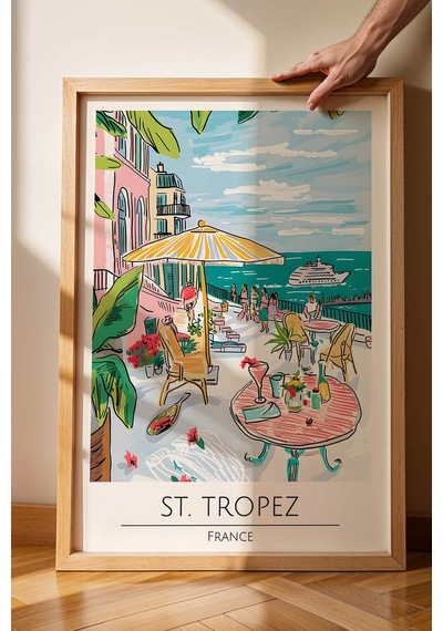 Fransa St. Tropez Temalı Çerçeveli Tablo Travel Serisi Modern İllüstrasyon Sahil Duvar Dekoru Kayın