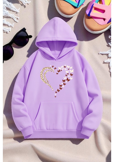 Uyguntarz Unisex Leopar Kalp Desenli Baskılı Oversize Sweatshirt Lila