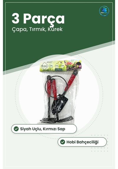 Bahçe El Aleti Seti 3 Parça Çapa Tırmık Kürek Kırmızı Saplı Hobi