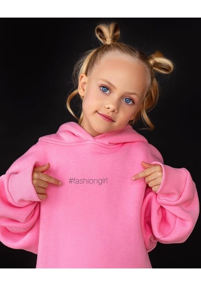 Kız Çocuk Nakışlı Slogan Hashtag Oversize Alt Üst Takım Kapüşonlu 3 İplik Şardonlu Açık Pembe