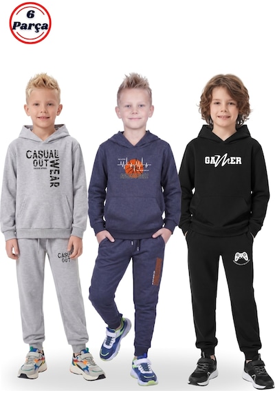 Panios Kids 3'lü Kanguru Cepli Kapüşonlu Baskı Detaylı 6 Parça Erkek Çocuk Eşofman Takımı Füme - Siyah