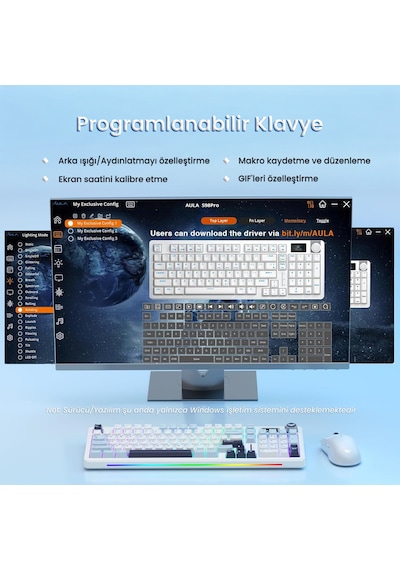Aula S98 Pro 3 Modlu Rgb Hot Swap Mekanik Star Vector Switch Kablosuz Makrolu Klavye Lacivert