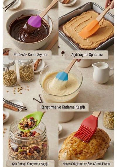 5'li Silikon Ve Bambu Saplı Mutfak Gereçleri Seti-spatula,fırça Servis Maşa Seti Çok Renkli