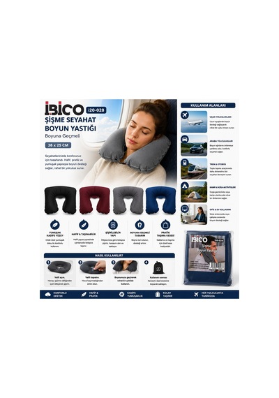 İbico İ20-028 Seyahat Boyun Şişme Yastık Renkli 38-25cm Boyuna Geçmeli - 20'li Paket