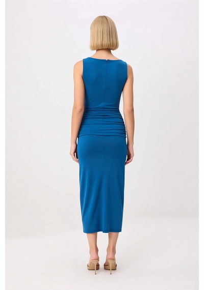 Benerly Kadın Kolsuz Balıkçı Yaka Bodycon Maxi Elbise Astarlı Micro Dokum Petrol