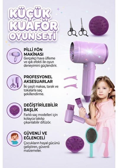 Profesyonel Kuaför Gerçekçi Hava Üfleme Ve Fön Sesi Değişen Başlıklı 8 Parça Oyuncak Kuaför Seti