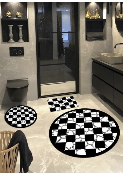 Dama, Kaymaz, Organik Pamuk Dokuma Taban Banyo Halısı-100X100 - 60X60 -40X60 3'Lü Set Çok Renkli