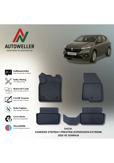 Dacia Sandero 2020 Sonrası Uyumlu Havuzlu Oto Paspas Stepway - Prestige/expression/extreme Paket