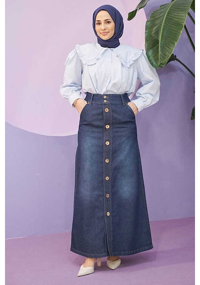 2287-denim Dikişli Etek Koyu Mavi Koyu Mavi