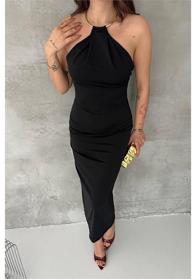 Neşeli Butik Kadın Siyah Sırt Dekolteli Metal Yaka Midi Elbise Nbk4543 Siyah