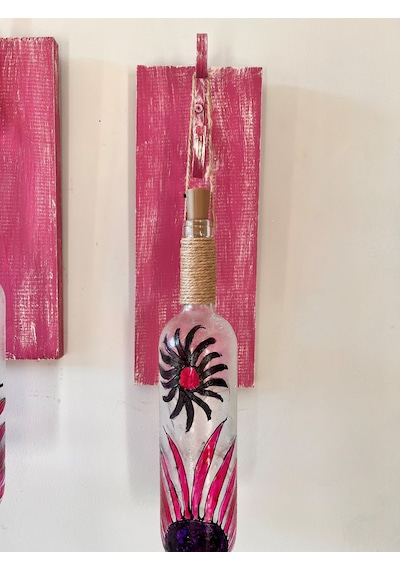 Peri Led Aydınlatmalı Pembe Ahşap Dekorlu, Vitray El Boyama Kırçi Pembe