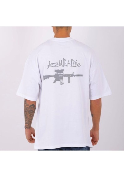 Flood Of Style Erkek Beyaz Assavlt Lıfe Baskılı Oversize Bisiklet Yaka Tshirt