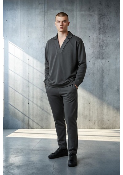 Black Steel Ceket Yaka Casual Erkek Sweatshirt Antrasit