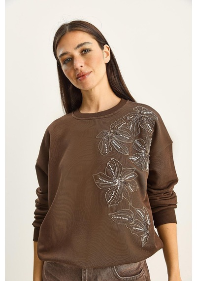Shade Kadın Bisiklet Yaka Çiçek Boncuk İşlemeli Relaxed Sweatshirt 1572 60283809 - Kahverengi