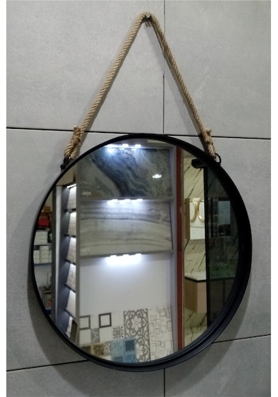 Dekoratif 64 Cm Metal Çerçeve Halat Askılı Ayna Mat Siyah