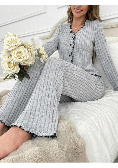 Bella Notte Gri V Yaka Pamuklu Düğmeli Pijama Takımı