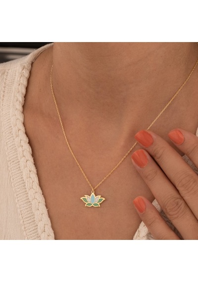 Dkmn Gümüş 925 Ayar Gümüş Mineli Lotus Kolye Gri Yeşil Turkuaz