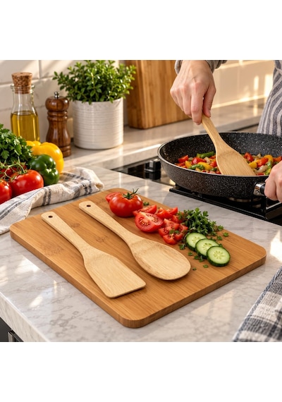 Bambu Kesme Ve Servis Tahtası Seti, 2 Adet Bambu Spatula İle, Doğal Bambu Mutfak Gereçleri, Sebze Ve Meyve Hazırlama Diğer