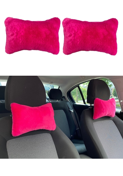 Yumuşak Tüylü Peluş Kürk Ortopedik Araba Seyahat Boyun Yastığı 2'li Fuşya Pembe