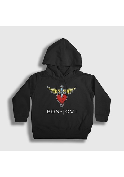 Presmono Unisex Çocuk Logo Bon Jovi Kapüşonlu Sweatshirt Siyah