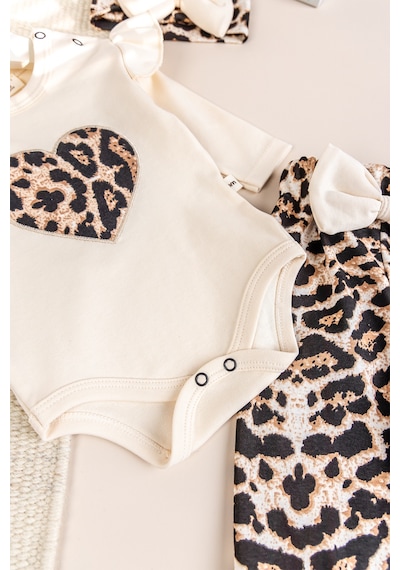 Babymod Leopar Desenli 3'lü Pamuklu Kız Bebek Takım Set Bej