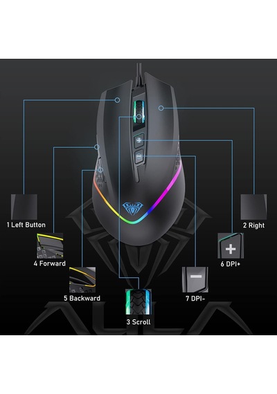 F805 6400dpı Rgb 7 Tuşlu Makro Optik Oyuncu Mouse, Siyah