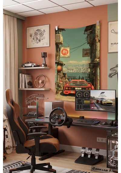 Retro Araba Duvar Örtüsü, Vintage Racing Oda Dekoru, Kumaş Duvar Halısı Beyaz