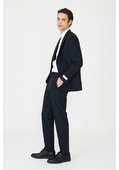Siyah Modern Slim Fit Düz Kumaş Klasik Kesim Takım Elbise Siyah