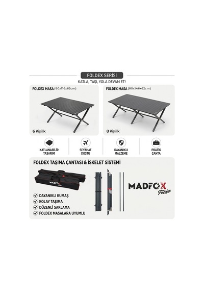 Madfox Foldex Katlanabilir Alüminyum Kamp Masası 6 Kişilik Siyah