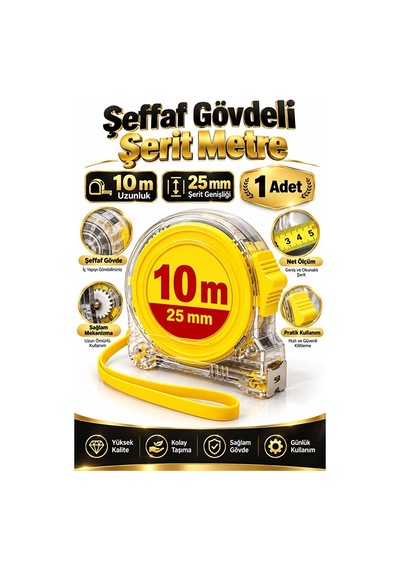 Şerit Metre 10 Metre 25 Mm Şeffaf Gövdeli Kilitli Çelik Ölçü Me Diğer