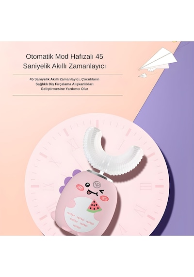 Npo 208 Şarjlı Ultrasonik 3 Modlu U Dizayn Çocuk Diş Fırçası - Pembe Şarjlı