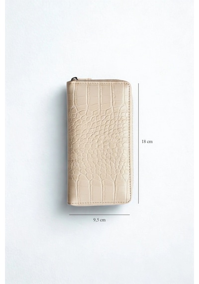 Vanilla Collection Telefon Bölmeli Timsah Desenli Fermuarlı Kadın Cüzdanı Bej Vegan Deri Bej