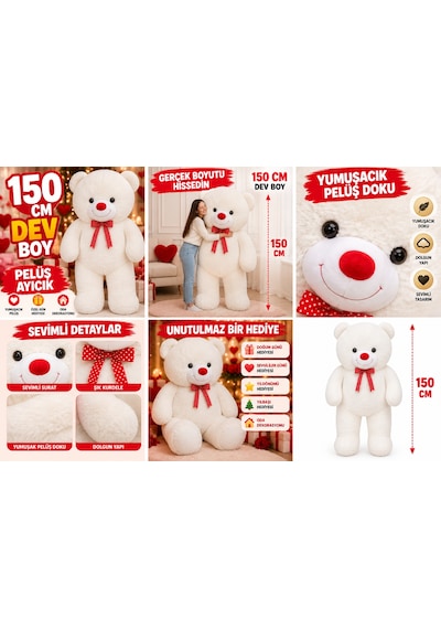 150 Cm Dev Peluş Ayıcık Büyük Boy Sarılmalık Teddy Bear Yumuşak Sevimli Ayı Özel Gün Hediyesi Çok Renkli