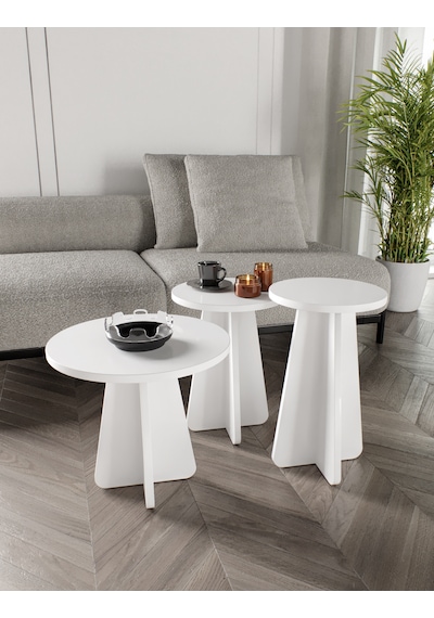 Mush 3lü Zigon Sehpa, Beyaz, Ceviz, Meşe, Traverten Desenli- Tamamı Mdf