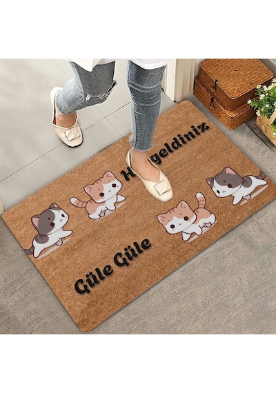 Valerine Life Sarı Siyah Yavru Kediler Hoş Geldiniz Ve Güle Güle Kapı Önü Paspası 45x70cm