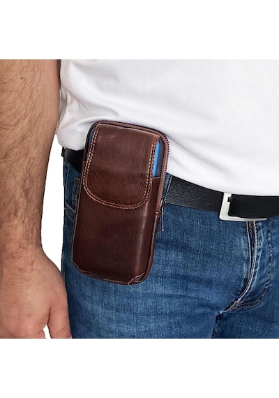 Lederax Erkek Hakiki Deri Telefon Bölmeli Bel Ve Göğüs Çantası