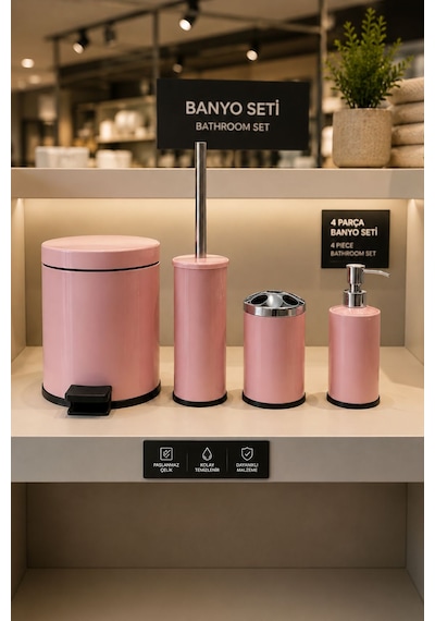 Maxiflow 4'lü Pembe Banyo Seti Pedallı Çöp Kovası Diş Fırçası Kabı Sabunluk Fırça