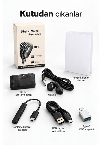 32 Gb Mini Ses Kayıt Cihazı 10 Güne Kadar Kesintisiz Kayıt, Sese Duyarlı, Kulaklık Ve Type-c Otg