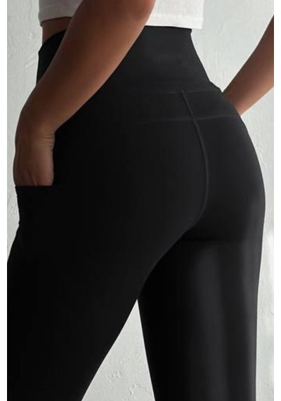 Balenbi Haute Kadın Yüksek Bel Toparlayıcı Çift Cepli Leggings Fitness Tayt 1092 Siyah