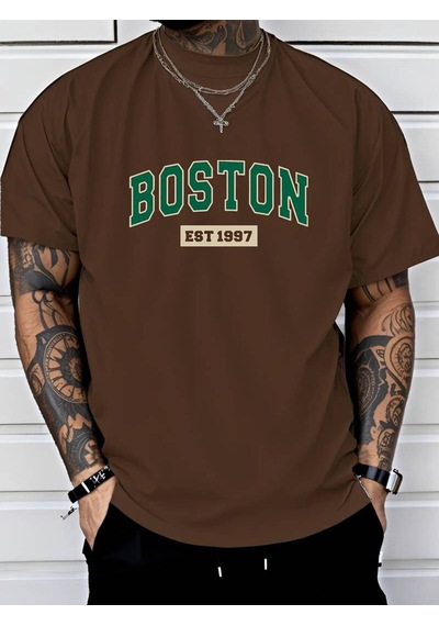 Noıssey Kahverengi Erkek Beyaz Siyah Gri Oversize Boston Est 1997 Baskılı Bisiklet Yaka