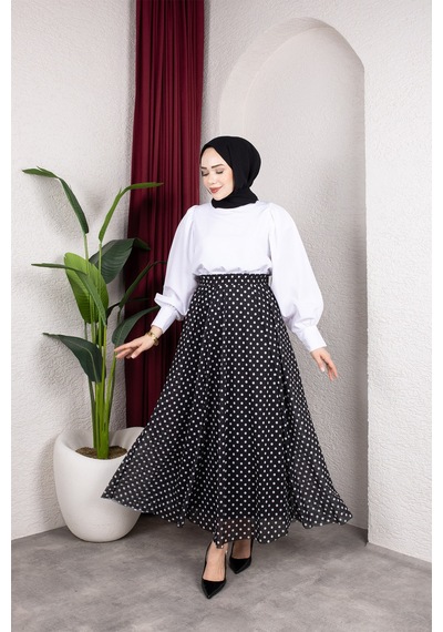 Hira Life Fashion Kadın Astarlı Puantiye Desenli Tül Etek Siyah Siyah