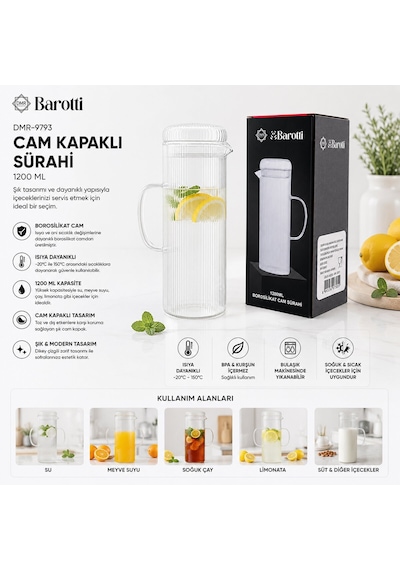 Barotti Dmr-9793 Cam Kapaklı Çizgili Desen Borosilikat Cam Sürahi 1200 Ml- 12'li Paket