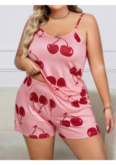 Red Womans Büyük Beden Pembe Kiraz Desen İnce Askılı Pamuklu Şortlu Pijama T