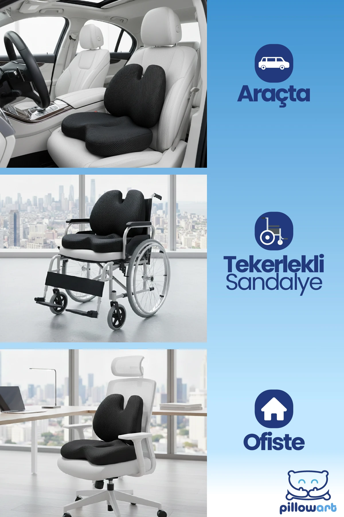 Ofis Koltuk Sandalye Bel Destek Minderi Ve Visco Oturma Minderi Siyah