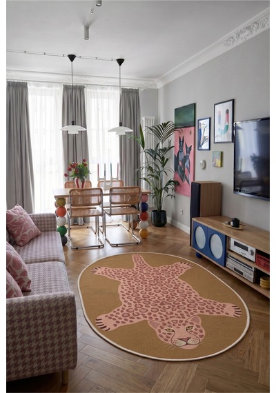 Leopar 01 Hardal Pembe Leopar İnce Vintage Görünüm Şönil Dokuma Oval Salon Oda Ev Balkon Halısı Hardal Sarısı