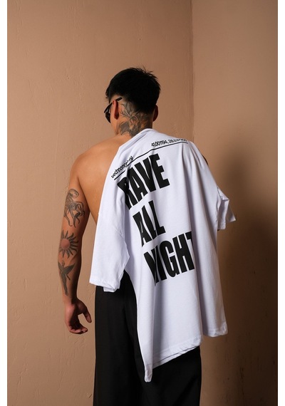 Technomonkey Unisex Beyaz Oversize Rave All Night Baskılı Techno Tişört