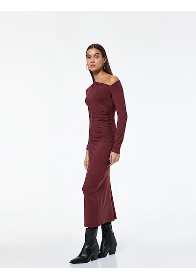 Koton Asimetrik Yaka Uzun Kollu Drapeli Midi Elbise Bordo 6wal80064ık Bordo