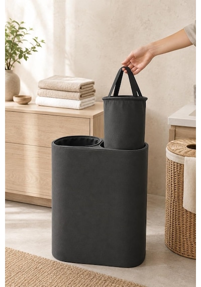 90 Litre Büyük Boy Katlanabilir Kirli Sepeti 2 Bölmeli Kirli Çamaşır Sepeti Yıkanabilir Çok Renkli