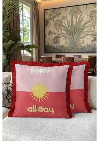 Güneş Motifli All Day Saçaklı Yastık Kılıfı-retro Solar Pembe Kırmızı Bordo Püsküllü Kırlent Kılıfı Derin Sahil Nektar